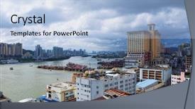  Presentation with macau - Presentation theme consisting of river delta - macau downtown city view background and a light blue colored foreground