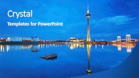  Presentation with macau - PPT layouts featuring river delta - macau travel tower and lake background and a teal colored foreground