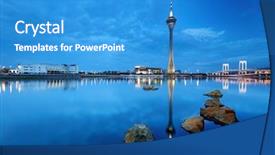  Presentation with macau - Slide deck consisting of river delta - macau travel tower and lake background and a teal colored foreground