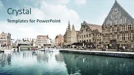  Presentation with belgium - Amazing PPT layouts having river in ghent town belgium backdrop and a sky blue colored foreground