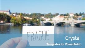  Presentation with man heart attact hand hold - Slide set with river in prague czech republic background and a teal colored foreground