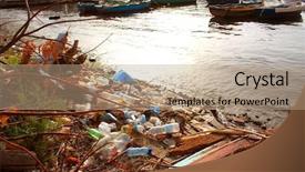  Presentation with pollution - Beautiful presentation theme featuring river pollution - refusal on the beach backdrop and a coral colored foreground