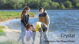  Presentation with area - Slide deck with river pollution - young people cleaning beach area background and a light blue colored foreground