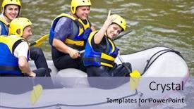  Presentation with rafting - PPT theme featuring river rafting - group of four happy people background and a light blue colored foreground
