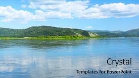  Presentation with hill - Slide set with river surface with trees on hill on side background and a light blue colored foreground