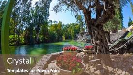 Presentation with venue - Presentation theme enhanced with riverbank-is-planted-with-trees background and a tawny brown colored foreground