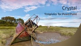  Presentation with long tailed boat fishing boat - Audience pleasing theme consisting of grass estuary - derelict fishing boat wrecks lying backdrop and a light blue colored foreground