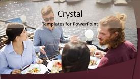  Presentation with lunch - Slides enhanced with two young couples sitting by served table in outdoor cafe on summer day having lunch and talking background and a coral colored foreground