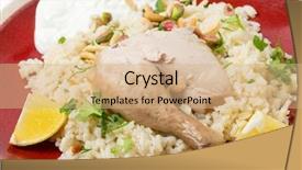  Presentation with wedges - Presentation theme with chicken pilaf or riz bi djaaj traditional arab and mediterranean boiled chicken and rice dish served with roasted nuts and lemon wedges background and a coral colored foreground