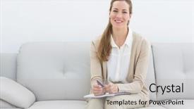  Presentation with portrait of excited overjoyed female - PPT theme enhanced with ro - portrait of a smiling female background and a  colored foreground