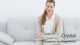  Presentation with financial - PPT theme having ro - portrait of a smiling female background and a  colored foreground