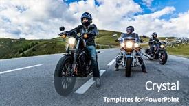  Presentation with drivers - Colorful theme enhanced with road - motorcycle drivers riding in alpine backdrop and a ocean colored foreground