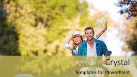  Presentation with adventure - Beautiful slide deck featuring road adventure - smiling people on a scooter backdrop and a yellow colored foreground