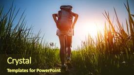  Presentation with backpacks - Colorful PPT theme enhanced with road adventure - two young ladies walking backdrop and a tawny brown colored foreground