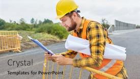  Presentation with road construction - Colorful presentation theme enhanced with road-builder-with-construction-drawing backdrop and a coral colored foreground