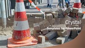  Presentation with road construction - Slide set featuring road construction with warning sign and cone between pedestrians background and a gray colored foreground