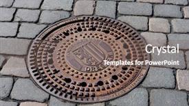  Presentation with road pavement - Audience pleasing PPT theme consisting of road drainage - round steel sewer manhole backdrop and a gray colored foreground
