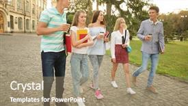  Presentation with university building - PPT theme enhanced with road graduation - group of young students walking background and a coral colored foreground