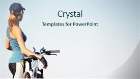  Presentation with bicycle - Presentation enhanced with road health - young slender woman standing background and a sky blue colored foreground