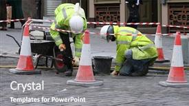  Presentation with road pavement - Presentation theme featuring road maintenance - two workman repairing stone blocks background and a gray colored foreground