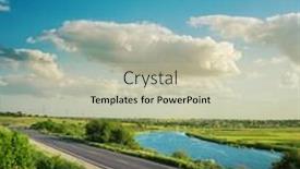  Presentation with blue sky - Beautiful slide deck featuring road-near-river-under-clouds backdrop and a soft green colored foreground