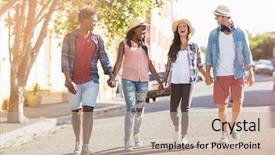  Presentation with walking - PPT theme featuring road past - happy friends walking hand background and a soft green colored foreground