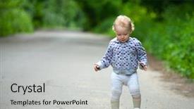  Presentation with step - Audience pleasing PPT theme consisting of road potholes - little baby girl step across backdrop and a light gray colored foreground