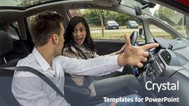  Presentation with self driving car - Colorful presentation design enhanced with road rage - couple is driving backdrop and a dark gray colored foreground