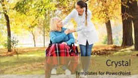  Presentation with nursing to nurse communication - Presentation enhanced with road recovery - disabled senior woman and young background and a yellow colored foreground