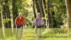  Presentation with bicycles - Beautiful presentation design featuring road retirement - senior man and woman exercising backdrop and a yellow colored foreground