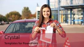  Presentation with woman car driver map - Slides consisting of road rules - happy young woman tearing learner background and a red colored foreground
