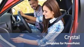  Presentation with driving road - Slides enhanced with road rules - young woman passing driving license background and a  colored foreground