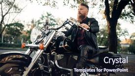  Presentation with motorcycle safety - Presentation design featuring road safety week - biker sitting on a motorcycle background and a wine colored foreground