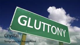  Presentation with road - PPT theme featuring gluttony road sign - 7 deadly sins series background and a ocean colored foreground