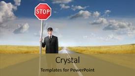  Presentation with start stop continue - Cool new presentation theme with road success road signs - businessman holding a stop roadsign backdrop and a coral colored foreground