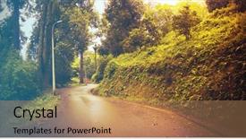  Presentation with forest road green - PPT theme with road through the green mixed forest filtered image cool cross processed vintage effect background and a coral colored foreground