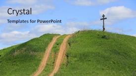  Presentation with hill road - Amazing slide set having road to cross on green backdrop and a light blue colored foreground