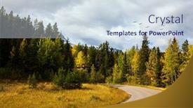  Presentation with road yellow - Cool new theme with road to miette hot springs - the hottest springs in the rockies orange yellow and red leaves of aspens and birches the magic colors of northern autumn concept of active car and photo tourism backdrop and a sky blue colored foreground
