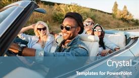  Presentation with summer camp group of diverse - Colorful PPT theme enhanced with road trip - group of cheerful young friends backdrop and a teal colored foreground