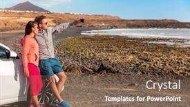  Presentation with road trip - Beautiful presentation theme featuring road-trip-couple-tourists-taking backdrop and a violet colored foreground