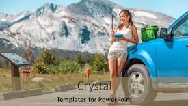  Presentation with road trip - Audience pleasing PPT theme consisting of road-trip-woman-taking backdrop and a coral colored foreground