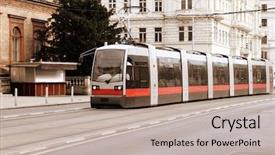  Presentation with tram - Beautiful PPT theme featuring road wien - modern city tram on moving backdrop and a mint green colored foreground