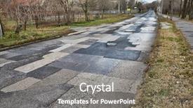  Presentation with road quality - Audience pleasing PPT theme consisting of road with many patches potholes backdrop and a gray colored foreground