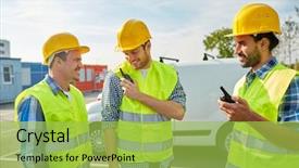  Presentation with walkie talkie - Theme enhanced with road work - industry building technology and people background and a yellow colored foreground