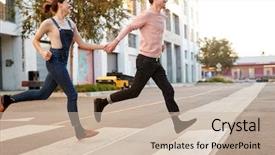  Presentation with millennial - Theme having roads life - millennial hipster couple running across background and a soft green colored foreground