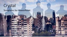  Presentation with city buildings - Slide set enhanced with roads outline - colleagues standing over white background background and a  colored foreground