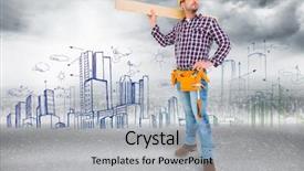  Presentation with wood planks - Amazing PPT theme having roads sketch - handyman holding wood planks backdrop and a  colored foreground
