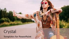  Presentation with hippie - Colorful theme enhanced with roadside - hitchhiking girl beautiful hippie girl backdrop and a coral colored foreground