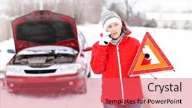  Presentation with car picture - PPT theme having roadside - picture of a young woman background and a coral colored foreground