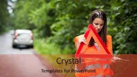  Presentation with driver - Amazing PPT theme having roadside assistance - young female driver wearing backdrop and a red colored foreground